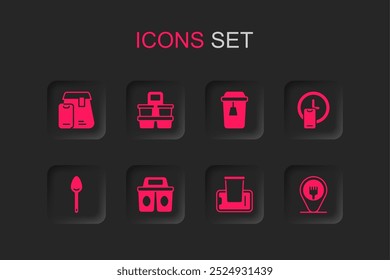Set Coffee cup to go, Online ordering food, Food on mobile, Round the clock delivery, Cafe and restaurant location, Cup tea and Spoon icon. Vector
