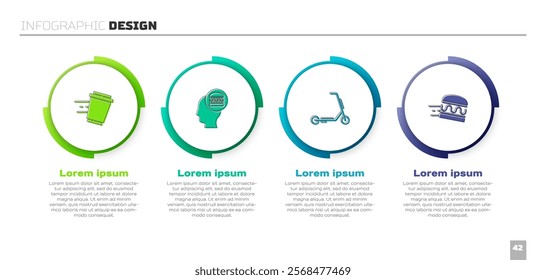 Set Coffee cup to go, Online ordering and delivery, Scooter and burger. Business infographic template. Vector