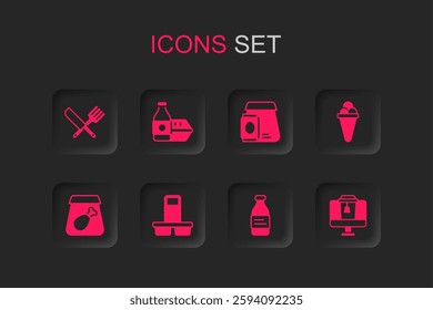 Set Coffee cup to go, Online ordering food, Crossed knife and fork, Bottle water, Ice cream waffle,  and meal icon. Vector