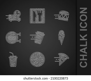 Set Coffee cup to go, Pizza, Online ordering pizza delivery, Ice cream, Paper glass with water, burger,  and Fast by car icon. Vector
