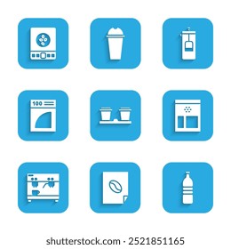 Set Coffee cup to go, poster, Bottle water, Bag coffee beans, machine, paper filter, French press and Electronic scales icon. Vector