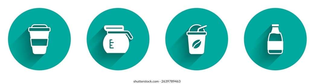 Set Coffee cup to go, pot, Iced coffee and Milk bottle icon with long shadow. Vector