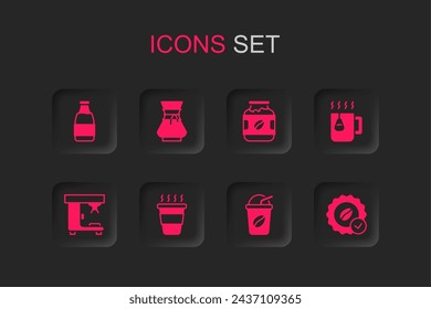 Set Coffee cup to go, Pour over coffee maker, Milk bottle, Iced, Cup tea with bag, Medal for, jar and machine icon. Vector