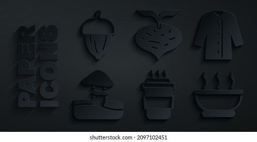Set Coffee cup to go, Raincoat, Mushroom, Bowl hot soup, Beet and Acorn icon. Vector