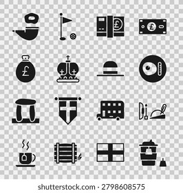 Set Coffee cup to go, Robin hood hat, British breakfast, Pound sterling money, crown, Money bag with pound, Smoking pipe and Elegant women icon. Vector