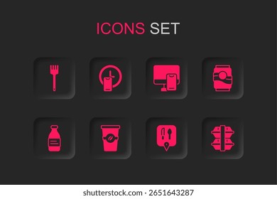 Set Kaffeetasse zu gehen, Rund um die Uhr Lieferung, Gabel, Cafe und Restaurant Lage, Soda-Dose, Lunch-Box, Online-Bestellung von Lebensmitteln und Flasche Wasser-Symbol. Vektorgrafik