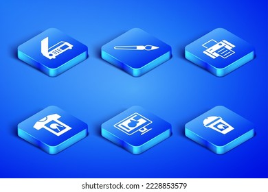 Set Coffee cup to go, Scanner, Computer monitor screen, T-shirt, Paint brush and Printer icon. Vector