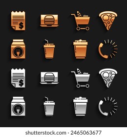 Set Coffee cup to go, Slice pizza, Food ordering, Online and delivery, Shopping cart food, Paper financial check and burger icon. Vector