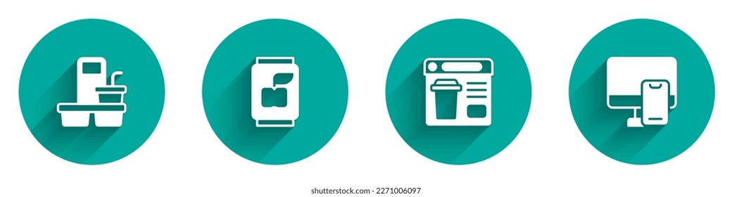 Set Coffee cup to go, Soda can, Online ordering food and  icon with long shadow. Vector