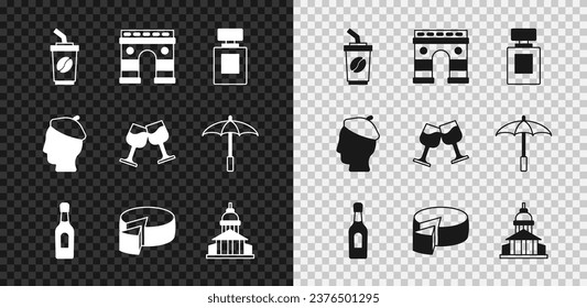 Set Coffee cup to go, Triumphal Arch, Perfume, Champagne bottle, Cheese, Museum building, French man and Wine glass icon. Vector