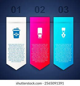 Set Coffee cup to go, USB flash drive and Fountain pen nib. Business infographic template. Vector