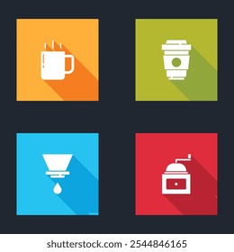 Set Coffee cup, to go, V60 coffee maker and Manual grinder icon. Vector