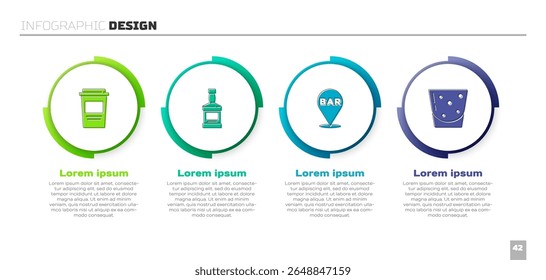 Set Kaffeetasse zu gehen, Whiskey Flasche, Alkohol Bar Lage und Glas Rum. Vorlage für Geschäftsinformationen. Vektorgrafik