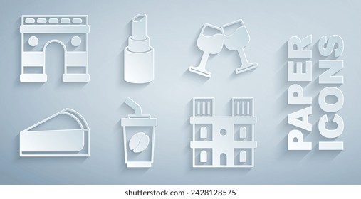 Set Coffee cup to go, Wine glass, Cherry cheesecake slice, Notre Dame de Paris, Lipstick and Triumphal Arch icon. Vector