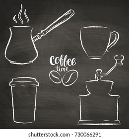 Set of coffee cup, grinder, pot grunge contours. Vintage coffee objects collection on chalk board. 