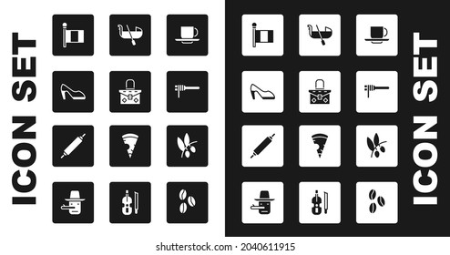 Set Coffee cup, Handbag, Woman shoe, Flag Italy, Pasta spaghetti, Gondola, Olives branch and Rolling pin icon. Vector