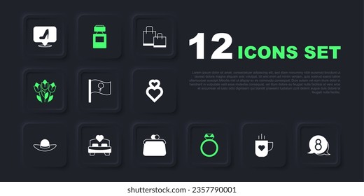 Set Coffee cup and heart, 8 March in speech bubble, Feminist activist, Diamond engagement ring, Flower tulip, Bedroom, Perfume and Handbag icon. Vector