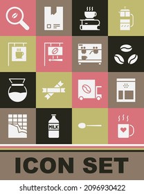 Set Coffee cup and heart, Bag coffee frians, book, Street signboard, Selection and machine icon. Vector