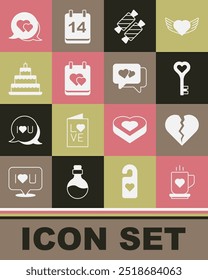 Set Coffee cup and heart, Broken or divorce, Key in shape, Candy, Calendar with, Wedding cake, Heart speech bubble and  icon. Vector