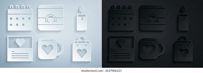Set Coffee cup and heart, Burning candle, Greeting card, Shopping bag with, Wedding rings and Calendar icon. Vector