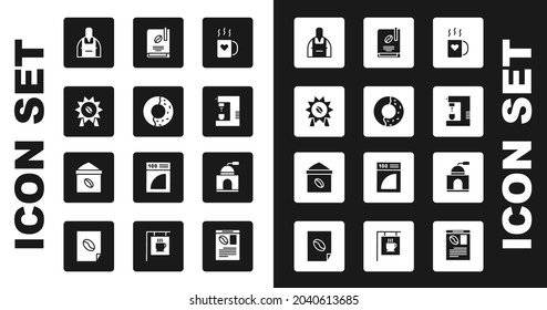 Set Coffee cup and heart, Donut with sweet glaze, Medal for coffee, Barista, machine, book, Manual grinder and Bag beans icon. Vector