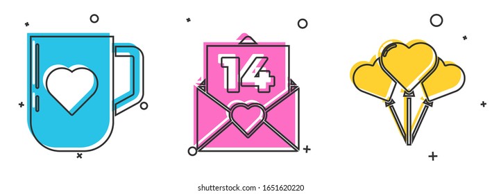 Coloca el café y el corazón, sobre con el corazón de San Valentín y globos en forma de icono del corazón. Vector