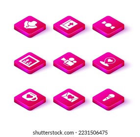 Set Coffee cup and heart, Envelope with Valentine, Family photo, Cinema Camera, Micrófono, Location, Bow tie y Holy bible book icon. Vector