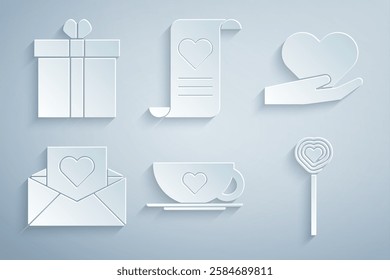 Set Coffee cup and heart, Heart in hand, Envelope with Valentine, Lollipop,  and Gift box icon. Vector