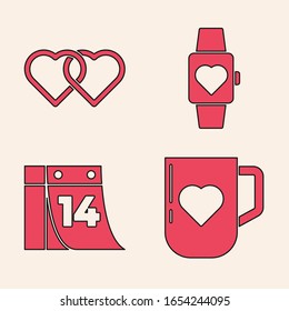 Set Kaffee-Tasse und Herz, Zwei verlinkte Herzen, Herz in der Mitte Armbanduhr und Kalender mit dem 14. Februar Symbol. Vektorillustration