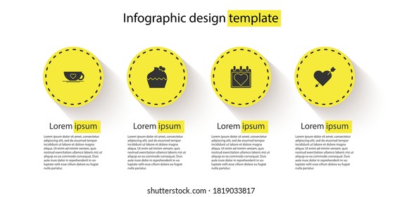 Set Coffee cup and heart, Wedding cake with, Calendar and Amour arrow. Business infographic template. Vector.