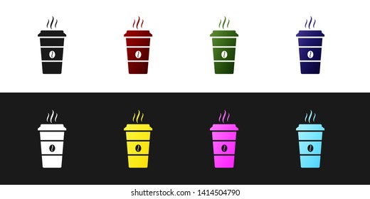 Set Coffee cup icon isolated on black and white background. Disposable coffee cup with hot coffee. Vector Illustration