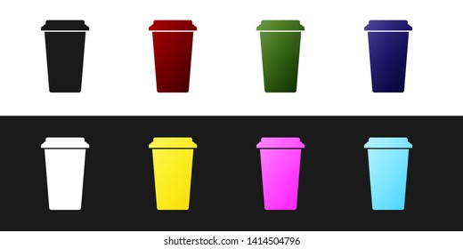 Set Coffee cup icon isolated on black and white background. Disposable coffee cup with hot coffee. Vector Illustration