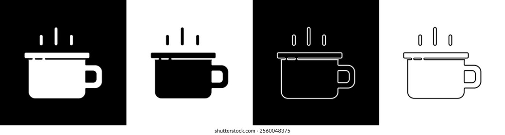 Set Coffee cup icon isolated on black and white background. Tea cup. Hot drink coffee.  Vector