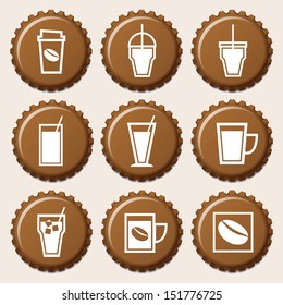 Set of coffee cup icon on bottle caps, stock vector