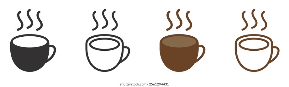 Set of coffee cup icons. Caffeine drink, vector cups with coffee. Cup coffee with steam, coffee or tea. Vector.