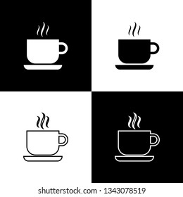 Set Coffee cup icons isolated on black and white background. Tea cup. Hot drink coffee. Line, outline and linear icon. Vector Illustration