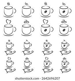 Set of Coffee Cup Icons with Steam and Hand Serving. vector illustration.