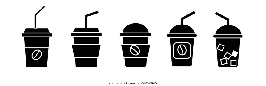 set of coffee cup icons vector, tea logo. Hot drink mark. Paper and Plastic Cups Vector Icon Set in Outline Style.