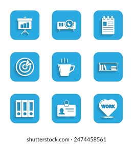 Set Coffee cup, Identification badge, Heart with text work, Shelf books, Office folders, Target sport, Spiral notebook and Chalkboard diagram icon. Vector