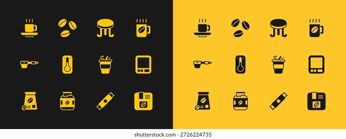 Set Taza de café, botella de tarro, para llevar, paquetes de palo de azúcar, termómetro, mesa, y el icono de frijoles. Vector