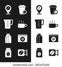 Set Coffee cup, Jug glass with water, Location coffee bean, to go, Bag beans, Street signboard and  icon. Vector