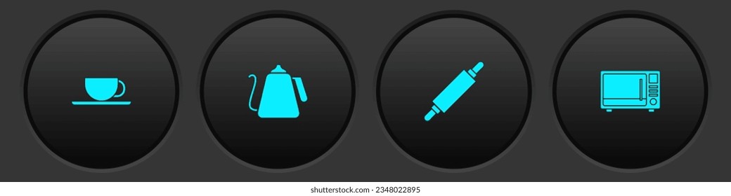 Set Coffee cup, Kettle with handle, Rolling pin and Microwave oven icon. Vector