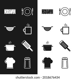 Set Coffee cup, Kitchen colander, Sponge with bubbles, Plate, fork knife, Cooking pot, Grater, Salt pepper and Chef hat icon. Vector