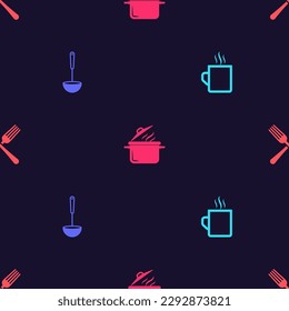 Set Coffee cup, Kitchen ladle, Cooking pot and Crossed fork on seamless pattern. Vector