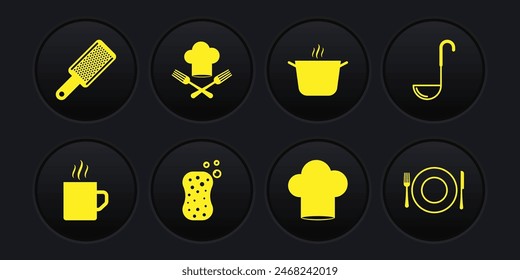 Set Coffee cup, Kitchen ladle, Sponge with bubbles, Chef hat, Cooking pot, and fork, Plate, knife and Grater icon. Vector