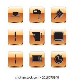 Set Coffee cup, Knife sharpener, Microwave oven, Measuring, Bread knife, Frying pan, Kitchen timer and Electric mixer icon. Vector