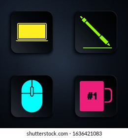 Set Coffee cup, Laptop, Computer mouse and Pen line. Black square button. Vector