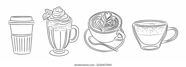 Set of Coffee cup line art style vector illustrations. Black line sketch isolated on transparent background. Espresso, cappuccino, take away disposable coffee cup ink style drawings isolated on white	