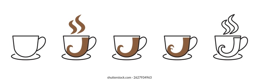 Set of coffee cup line icons isolated on transparent background. Coffee cup with steam. Coffee cup design vector illustration for coffee shop, café, restaurant, logo etc.