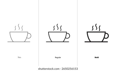 Set of coffee cup in line style. thin, regular and bold line icons. coffee cup song. hot drink icon. cups of coffee tea collection